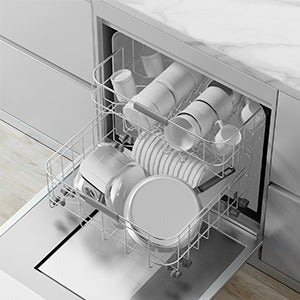 Open dishwasher with dishes inside, showing a modern kitchen setting at Pet Servo