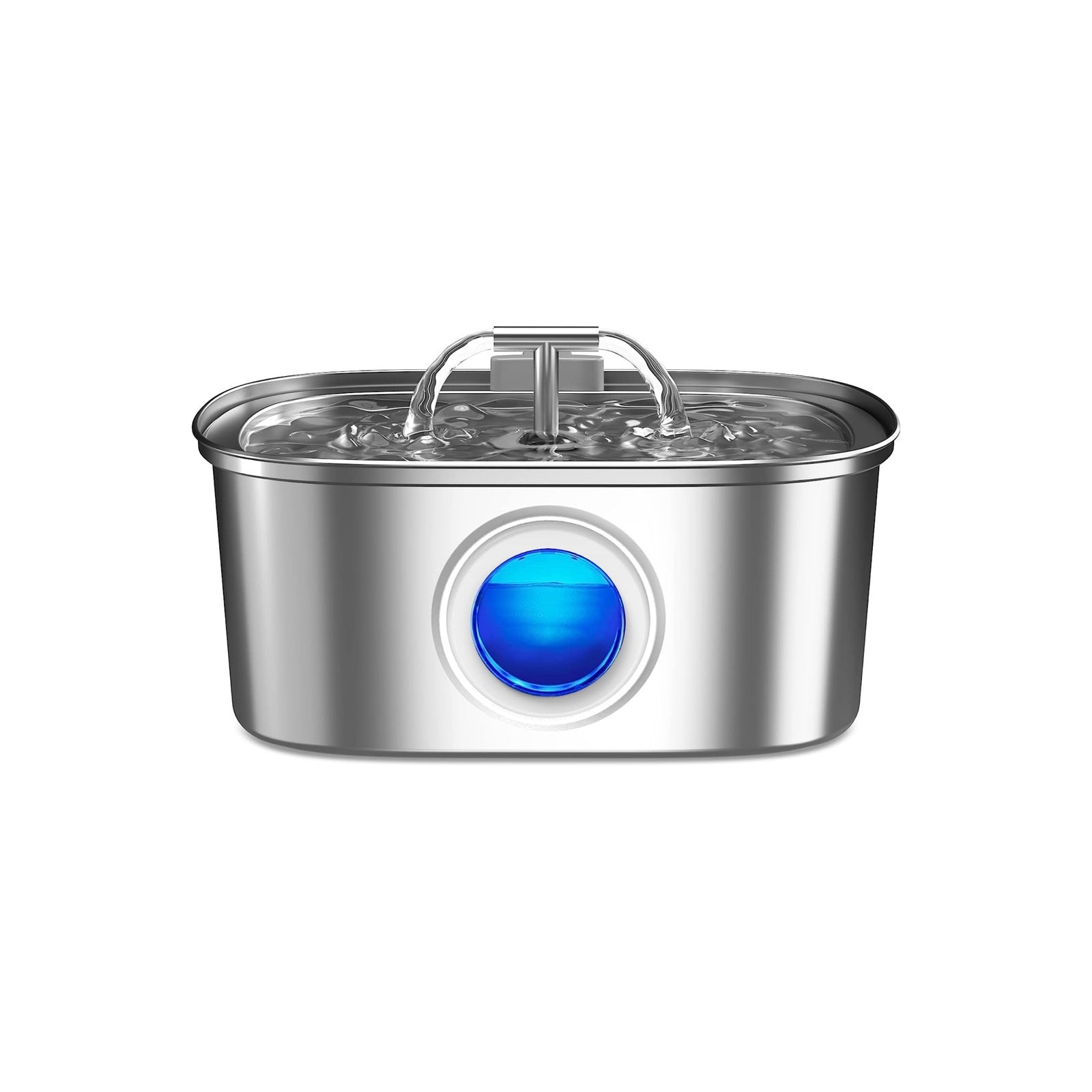 Stainless steel water fountain with blue light on a white background at Pet Servo