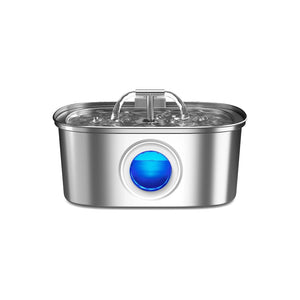 Stainless steel water fountain with blue light on a white background at Pet Servo