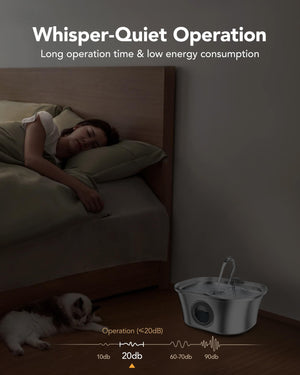 Woman sleeping in bed with a dog, Whisper-Quiet operation system in the corner at Pet Servo