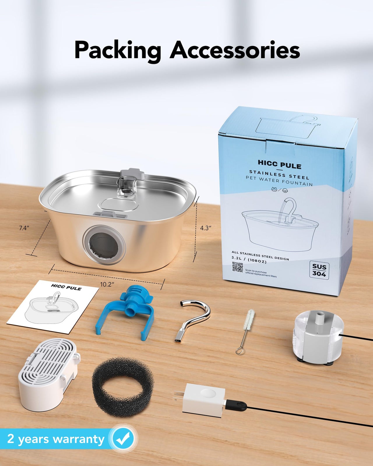 Packing accessories for a stainless steel pet water fountain on a wooden surface with a white background at Pet Servo