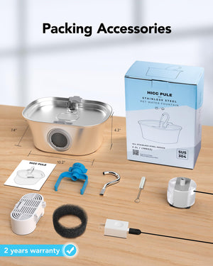 Packing accessories for a stainless steel pet water fountain on a wooden surface with a white background at Pet Servo