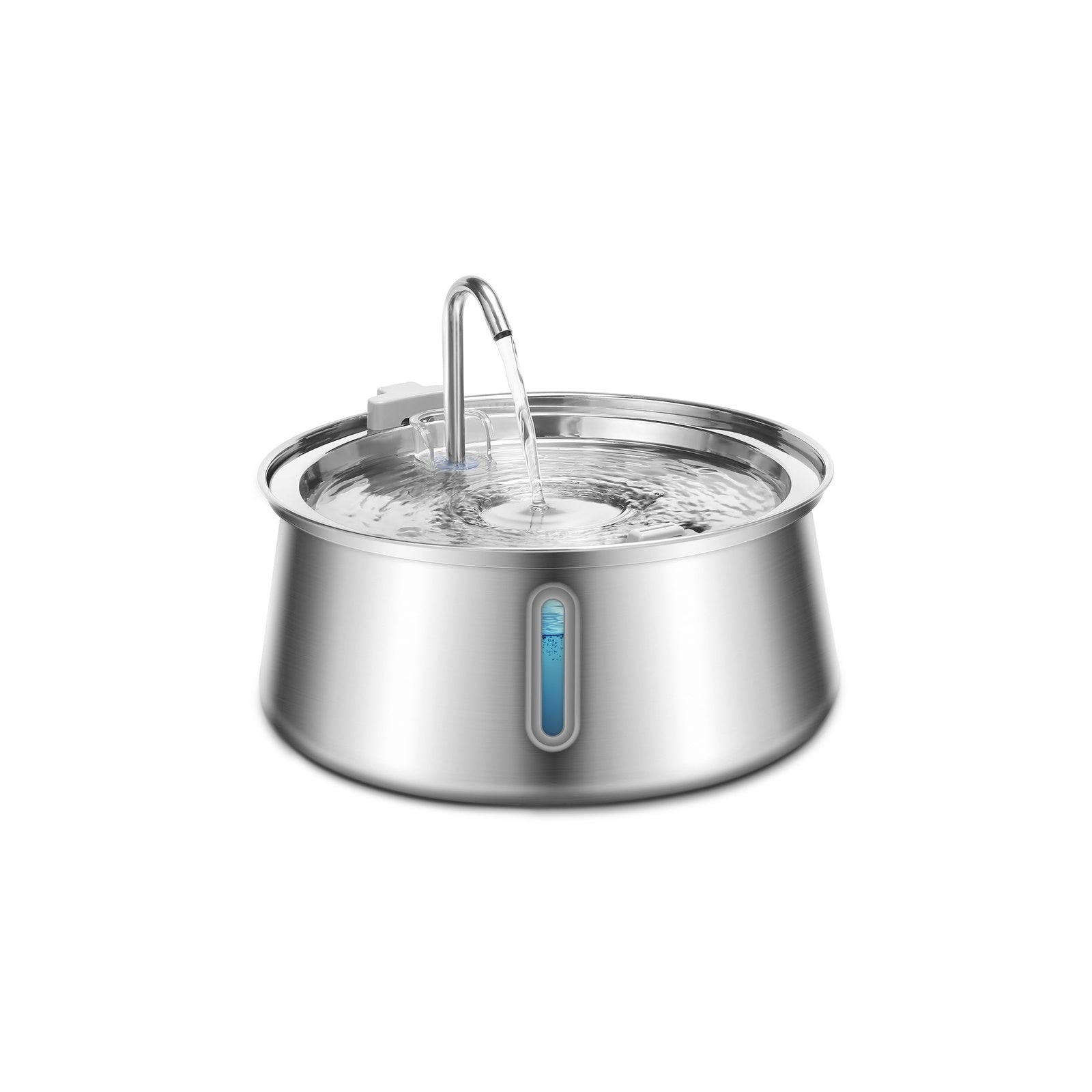 Stainless steel pet water fountain on a white background at Pet Servo