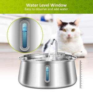 Pet water fountain with water level window and cat in the background at Pet Servo