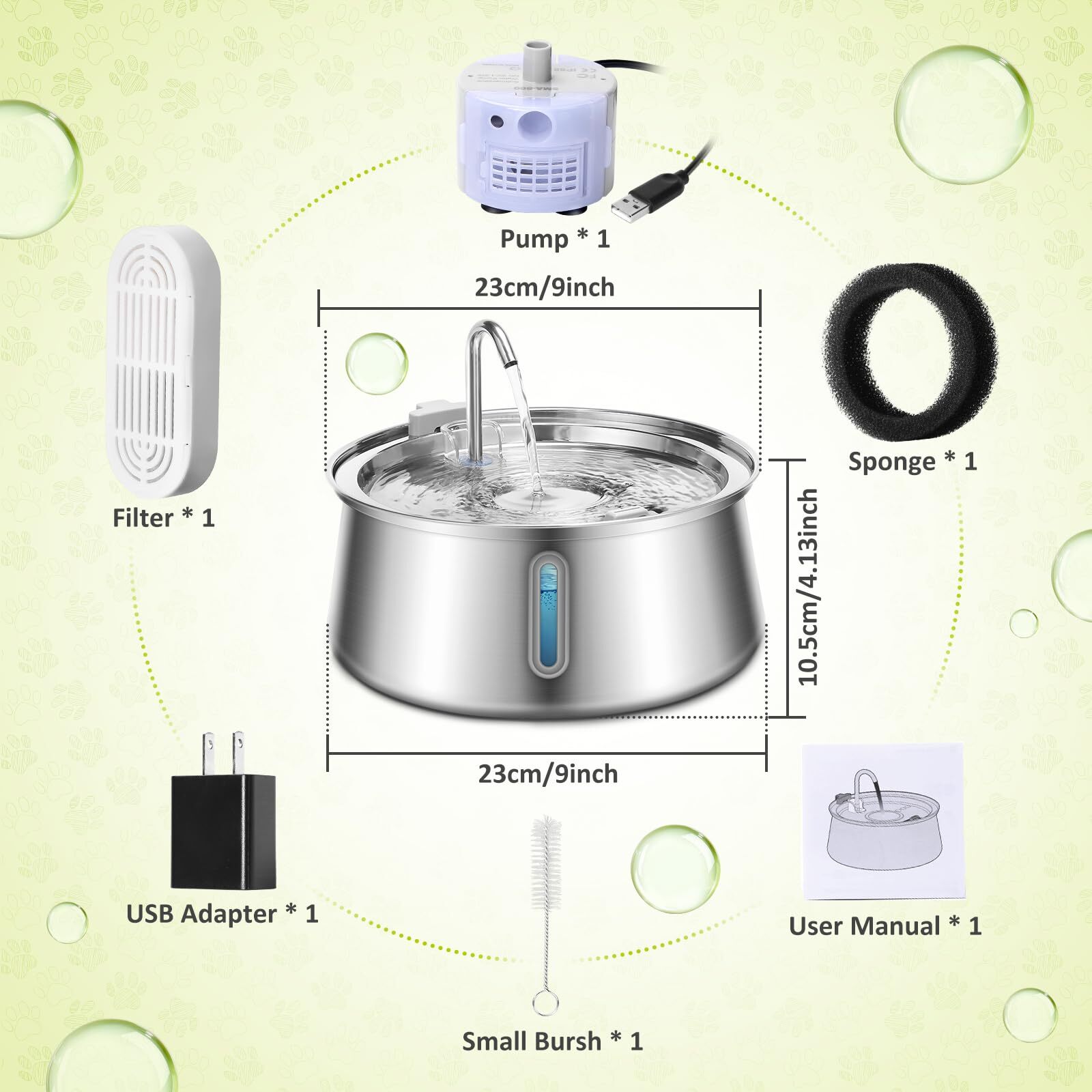 Stainless steel pet water fountain with pump, filter, USB adapter, sponge, brush, and user manual on a light green background at Pet Servo