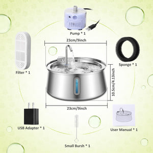 Stainless steel pet water fountain with pump, filter, USB adapter, sponge, brush, and user manual on a light green background at Pet Servo