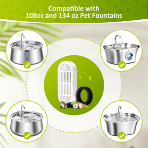 Product compatibility with 108oz and 134oz pet fountains on a green and beige background at Pet Servo