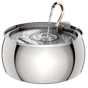 Stainless steel pet water fountain with rose gold spout on a white background at Pet Servo