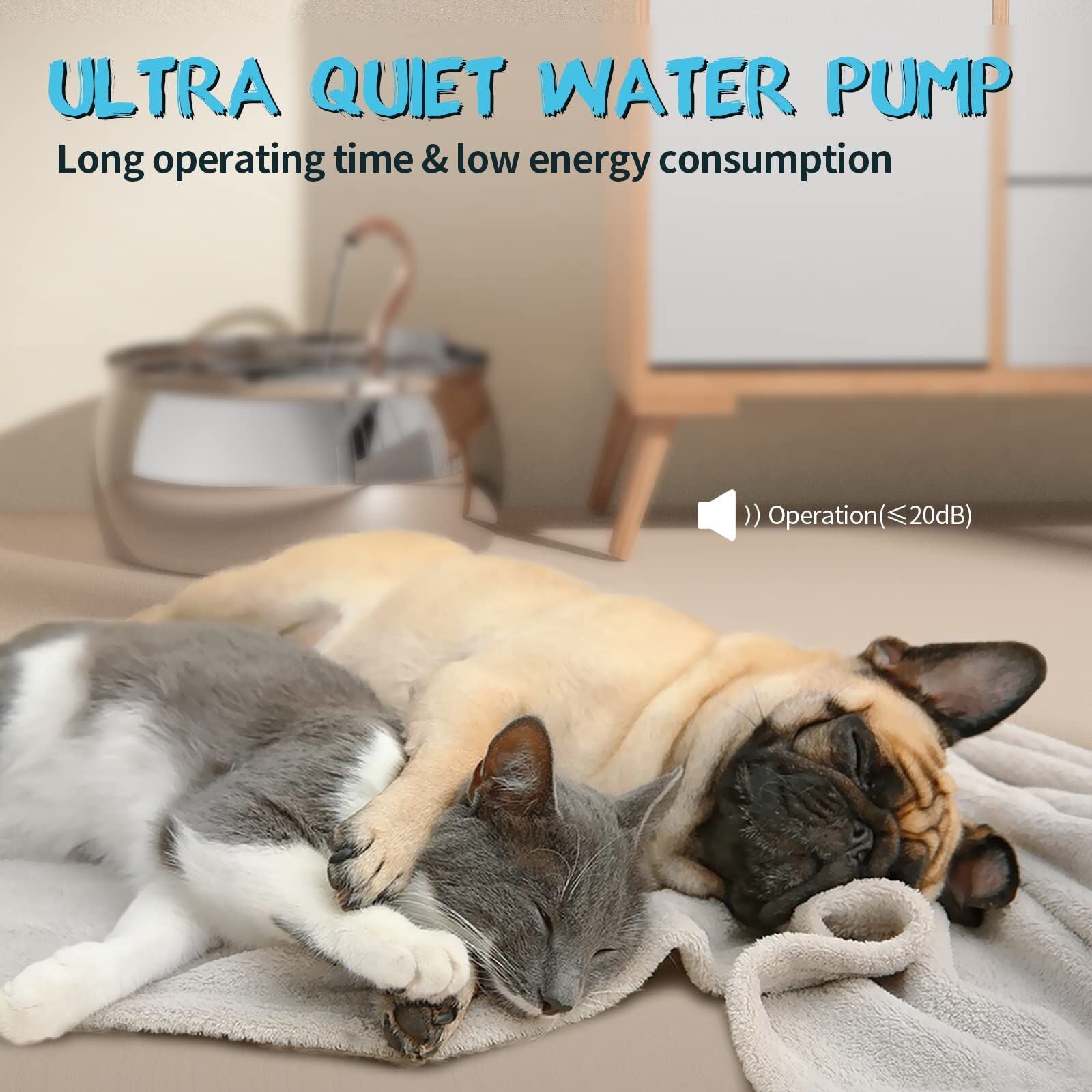 Two dogs and a cat sleeping together on a blanket with text about an ultra quiet water pump at Pet Servo