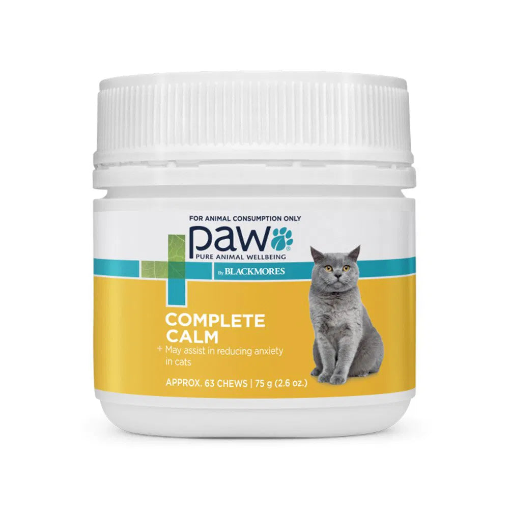 Jar of Paw Complete Calm cat supplement on a white background