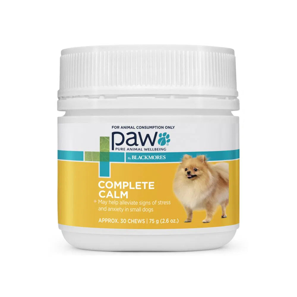 Paw Complete Calm supplement jar for dogs on a white background at Pet Servo