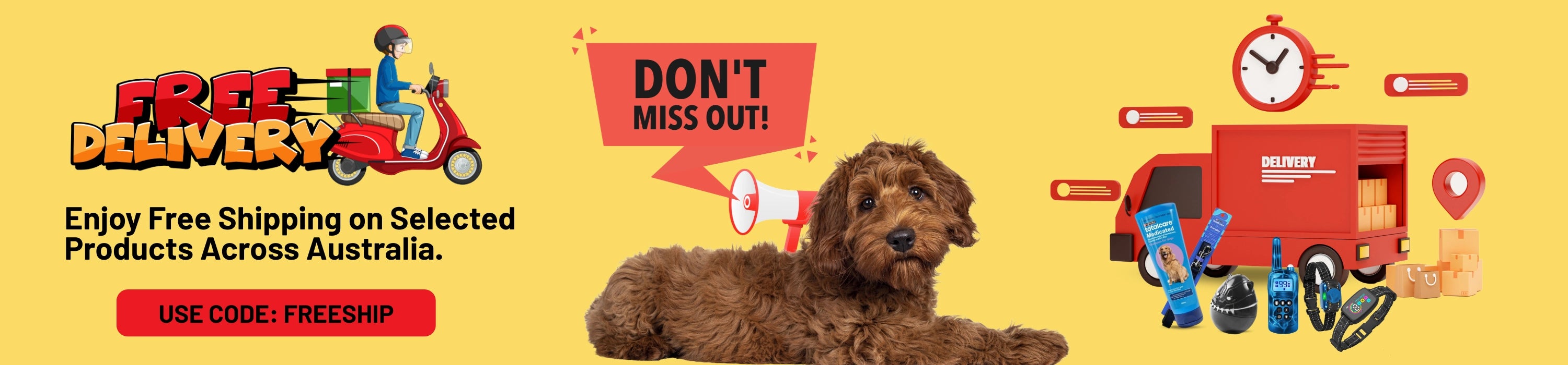 Promotional banner for free delivery with a dog and delivery truck on a yellow background at Pet Servo
