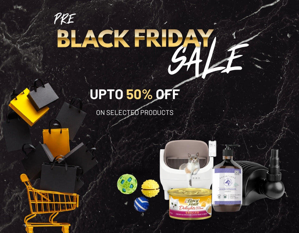 Black Friday sale advertisement with shopping cart, products, and discounts on a dark background