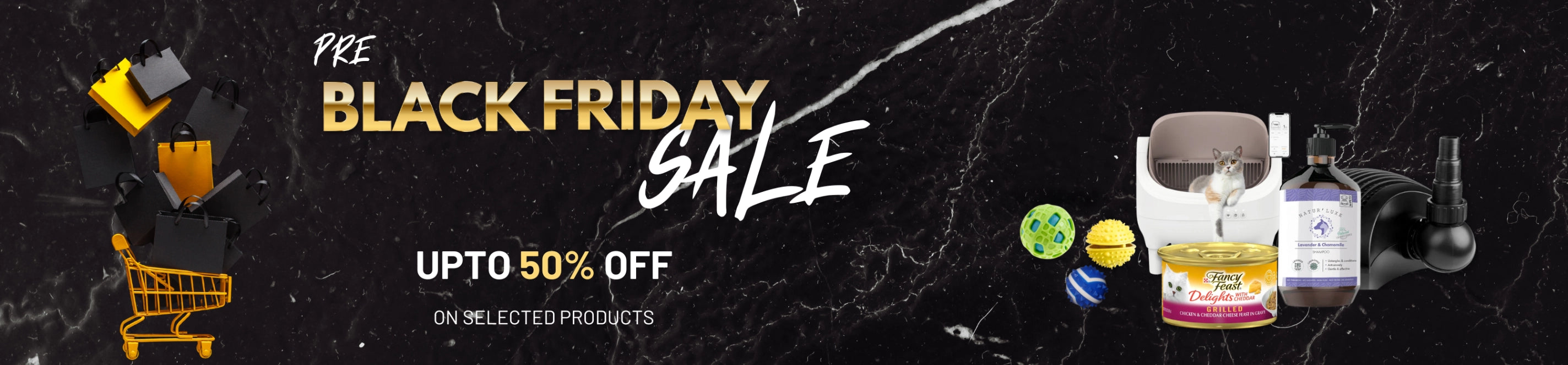 Black Friday sale banner with shopping cart, products, and promotional text on a dark background.