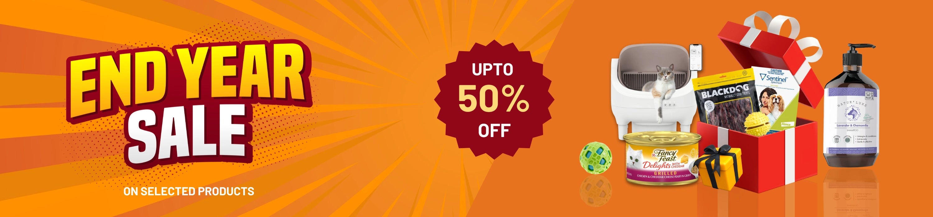 End year sale banner with discounts on products including a cat toy, gift box, and bottle.