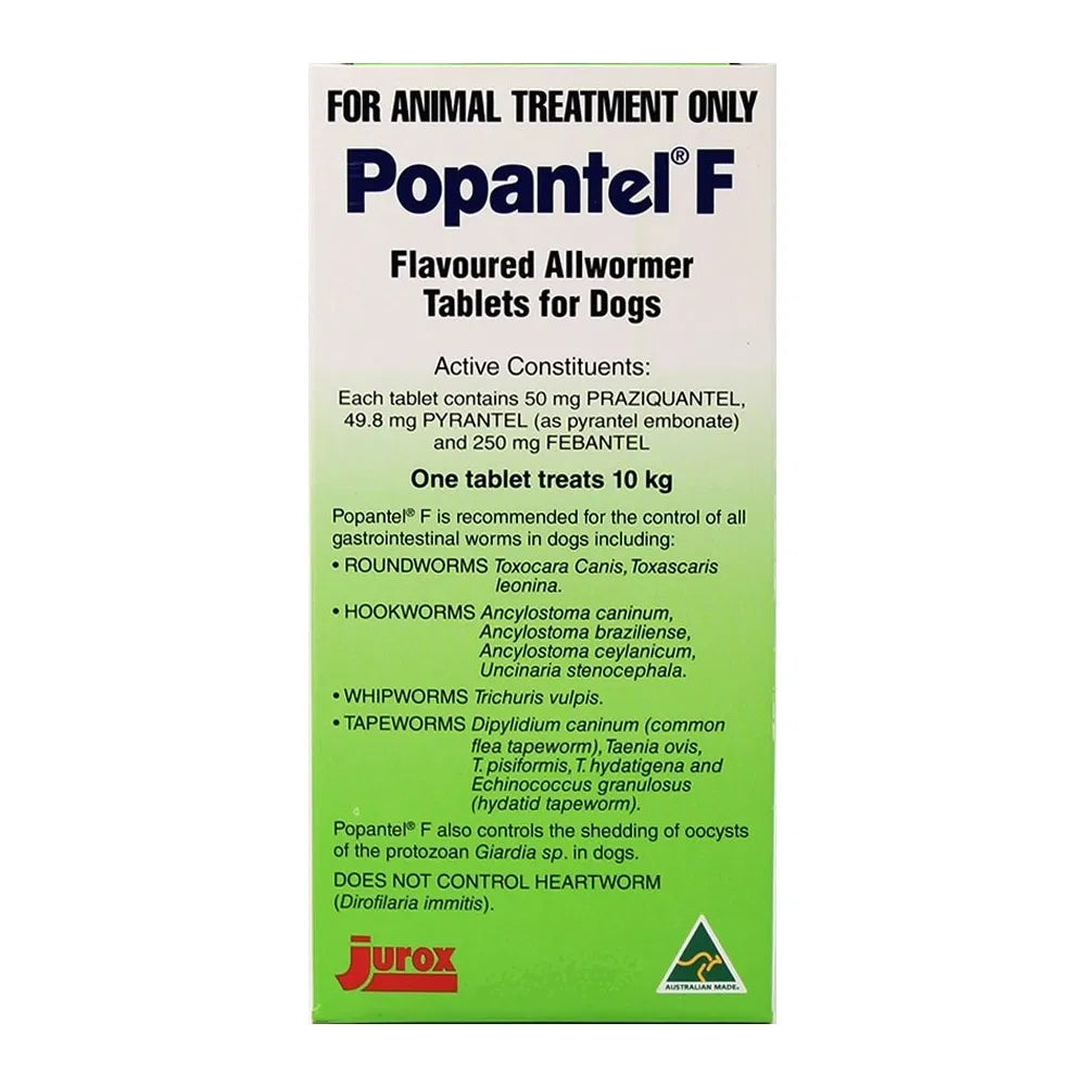 Box of Popantel F Flavoured All wormer Tablets for Dogs on a white background at Pet Servo