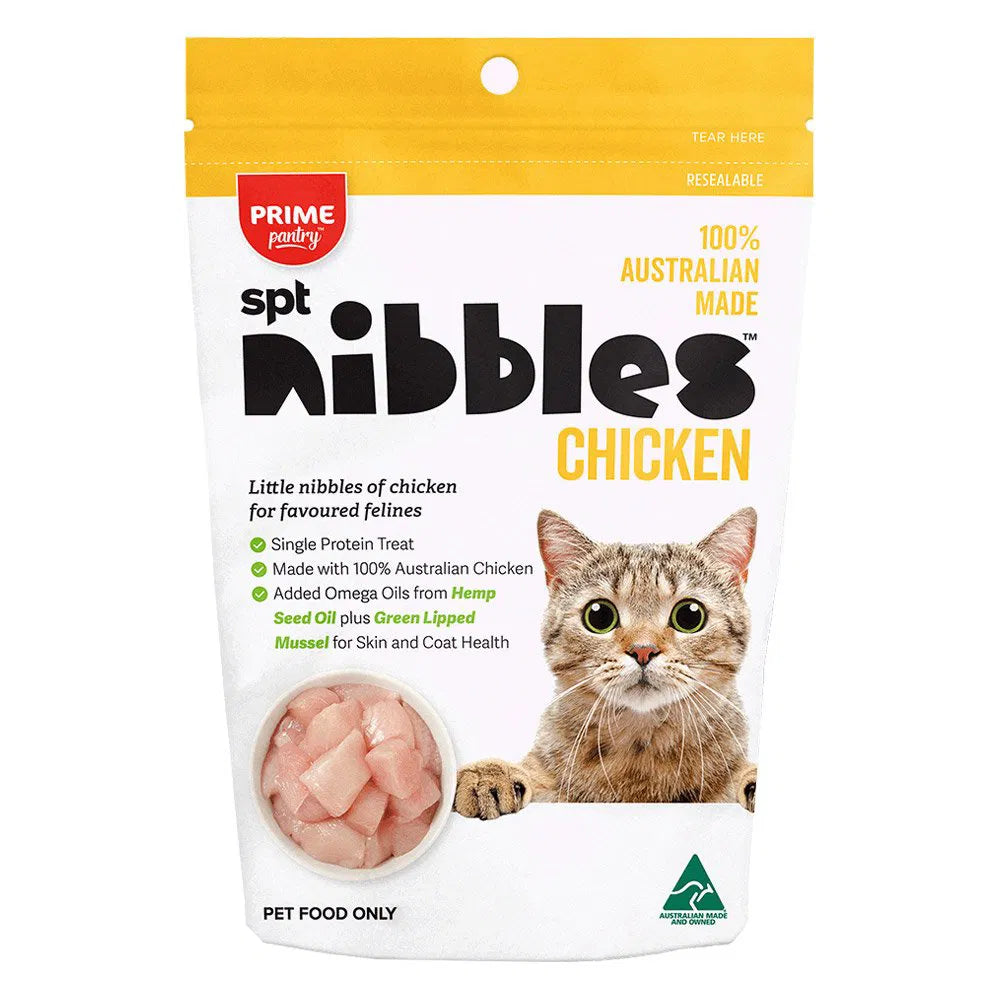 Package of Prime Pantry spt nibbles chicken cat treats on a white background at Pet Servo