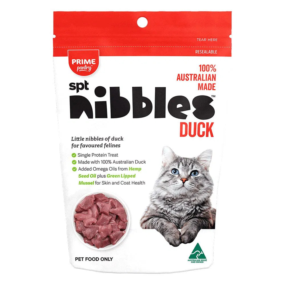 Cat food package with a cat on the label, featuring the brand 'Prime Pantry' and product 'spt nibbles' at Pet Servo