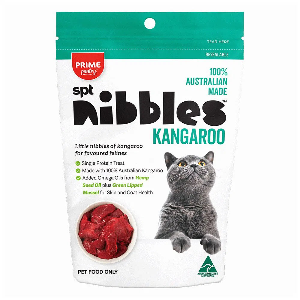 Package of Prime Petfood spt nibbles kangaroo cat treats on a white background at Pet Servo