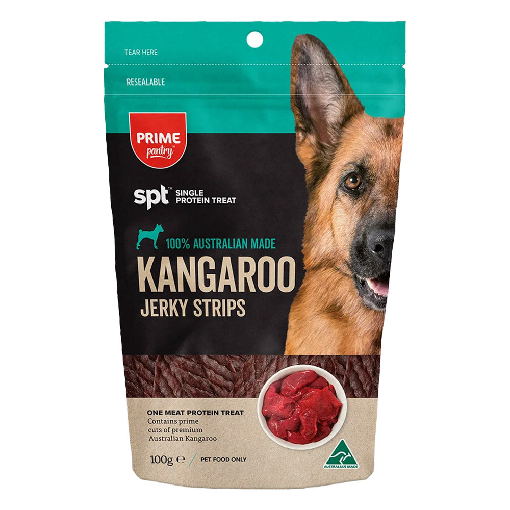 Prime Poultry SPT Kangaroo Jerky Strips dog treat pouch, featuring a German Shepherd on the packaging, set against a plain white background.