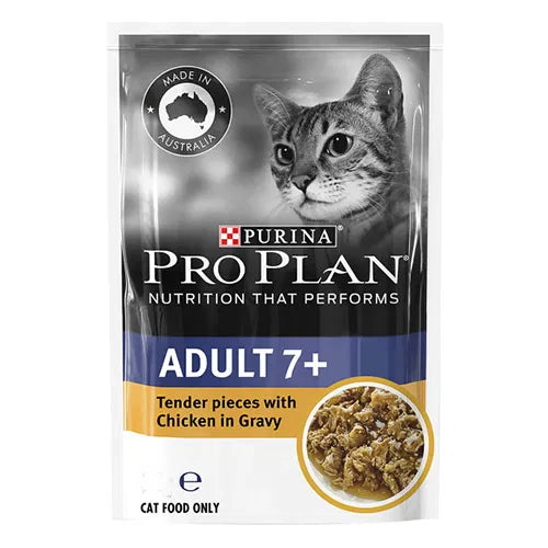 Purina Pro Plan cat food package for adult cats over 7 years old with chicken in gravy at Pet Servo