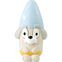 Plush toy resembling a dog with a blue cone on its head, likely indicating it has been recently neutered at Pet Servo