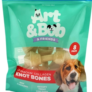Package of Art & Bob & Friends dog treats with a dog on the front at Pet Servo