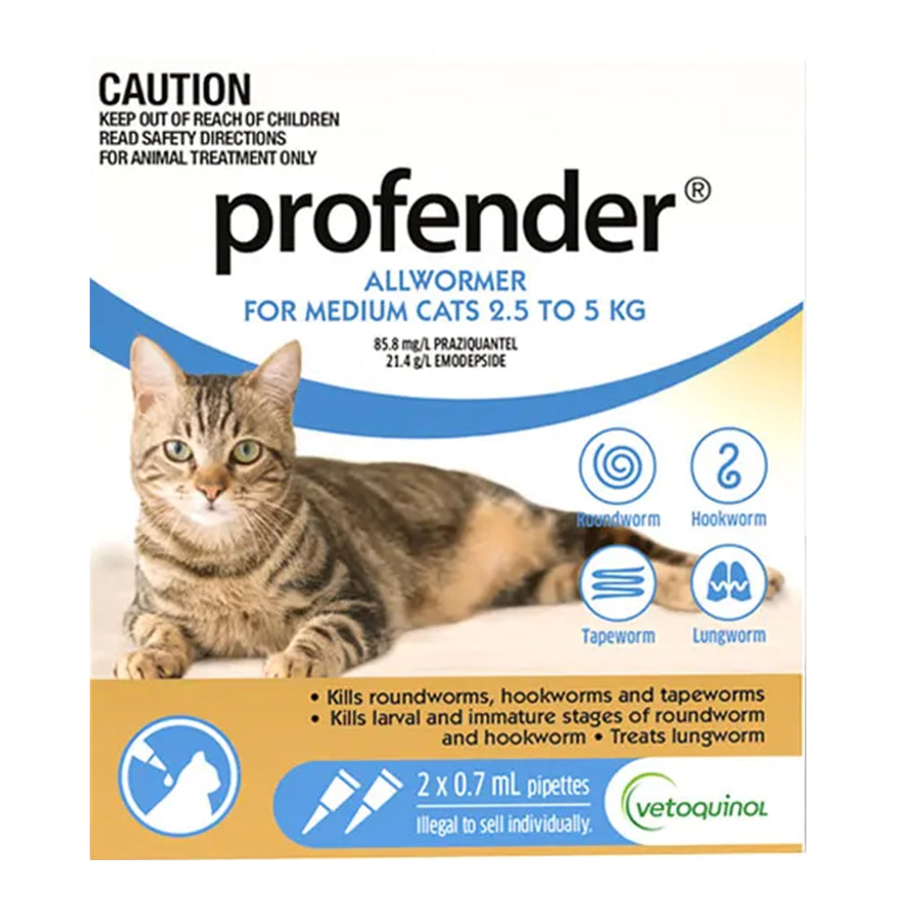 Front of a Profender Allwormer cat worming product box, showing a tabby cat photo, product text, and treatment icons on a white background at Pet Servo