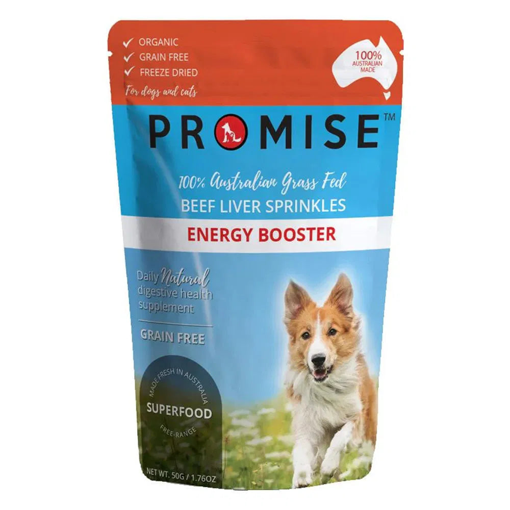 Package of Promise beef liver sprinkles for dogs and cats on a white background at Pet Servo