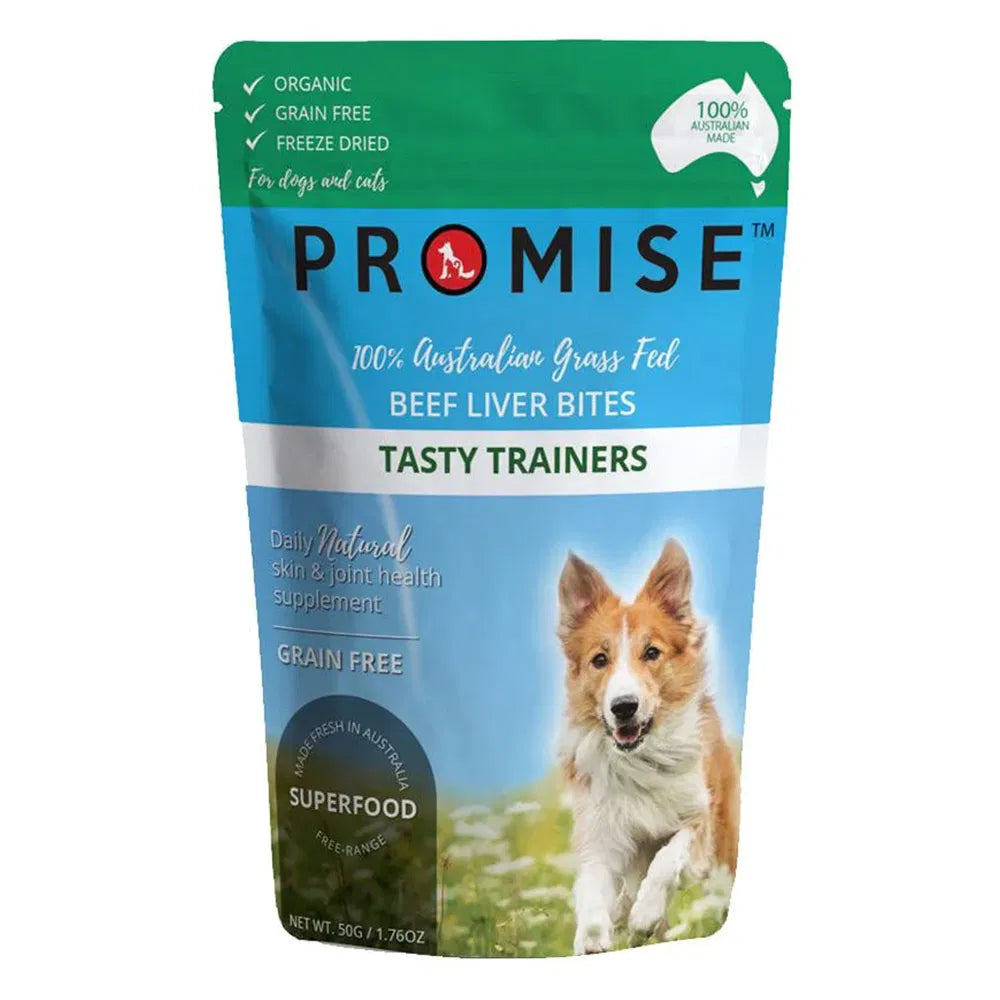 Package of Promise Beef Liver Bites for dogs and cats on a white background t petservo