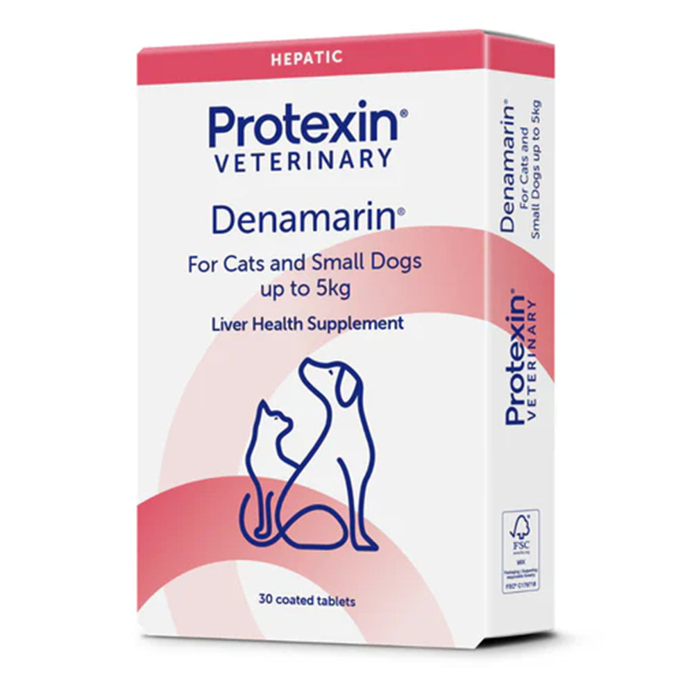 Protexin Veterinary Denamarin liver health supplement for cats and small dogs, shown in a white box with pink accents and blue text at Pet Servo