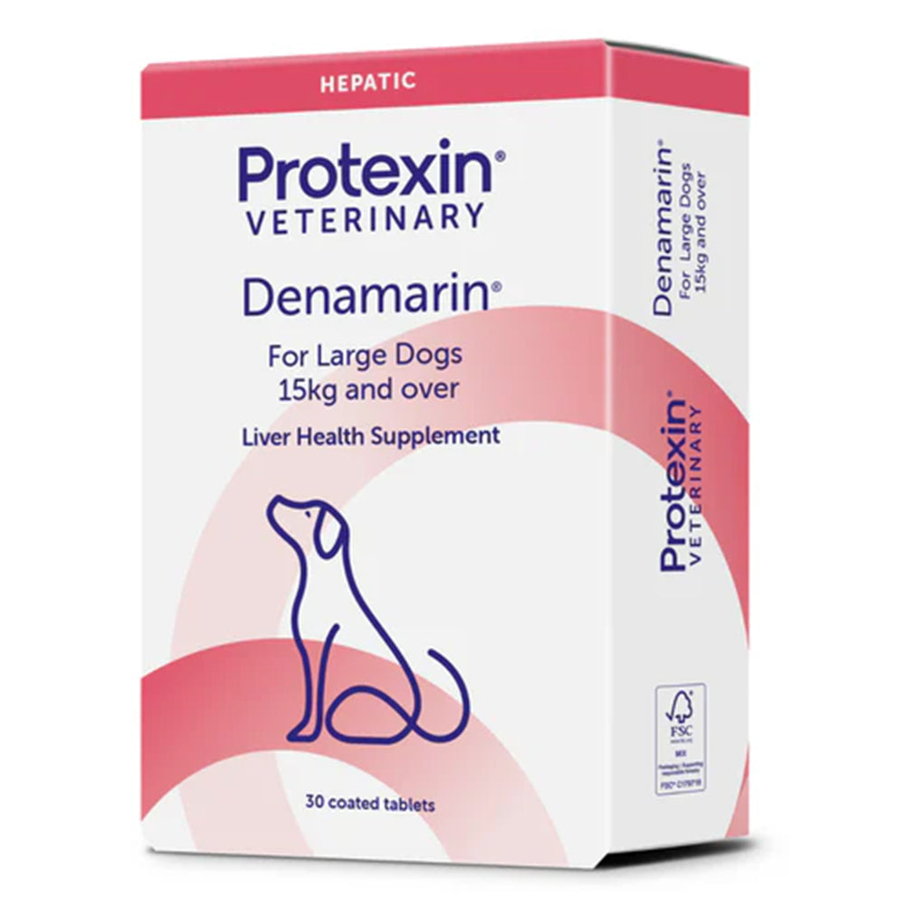 A box of Protexin Veterinary Denamarin liver health supplement for large dogs, 15kg and over, containing 30 coated tablets at Pet Servo