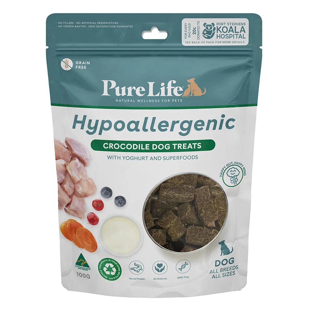Pure Life hypoallergenic crocodile dog treats packaging on a white background at Pet Servo