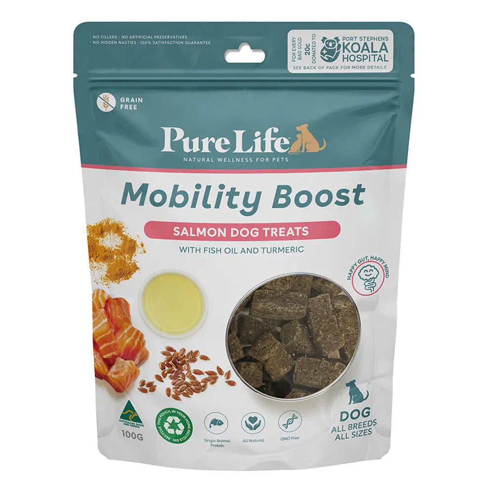 Package of Pure Life Mobility Boost Salmon Dog Treats on a white background at Pet Servo