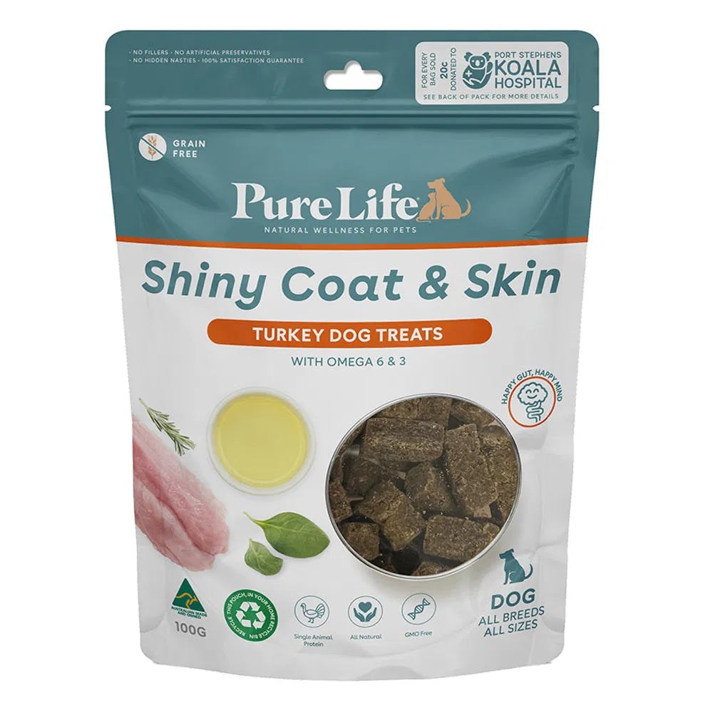 Pure Life Shiny Coat & Skin turkey dog treats packaging on a white background at Pet Servo