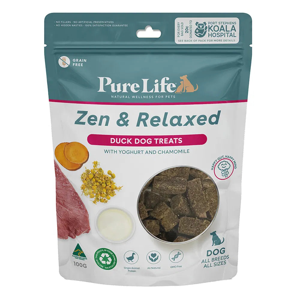 Pure Life Zen & Relaxed Duck Dog Treats packaging on a white background at Pet Servo