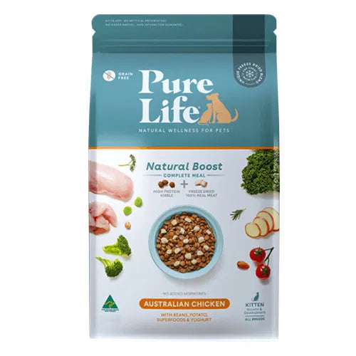 Package of Pure Life cat food with images of ingredients on a white background at Pet Servo