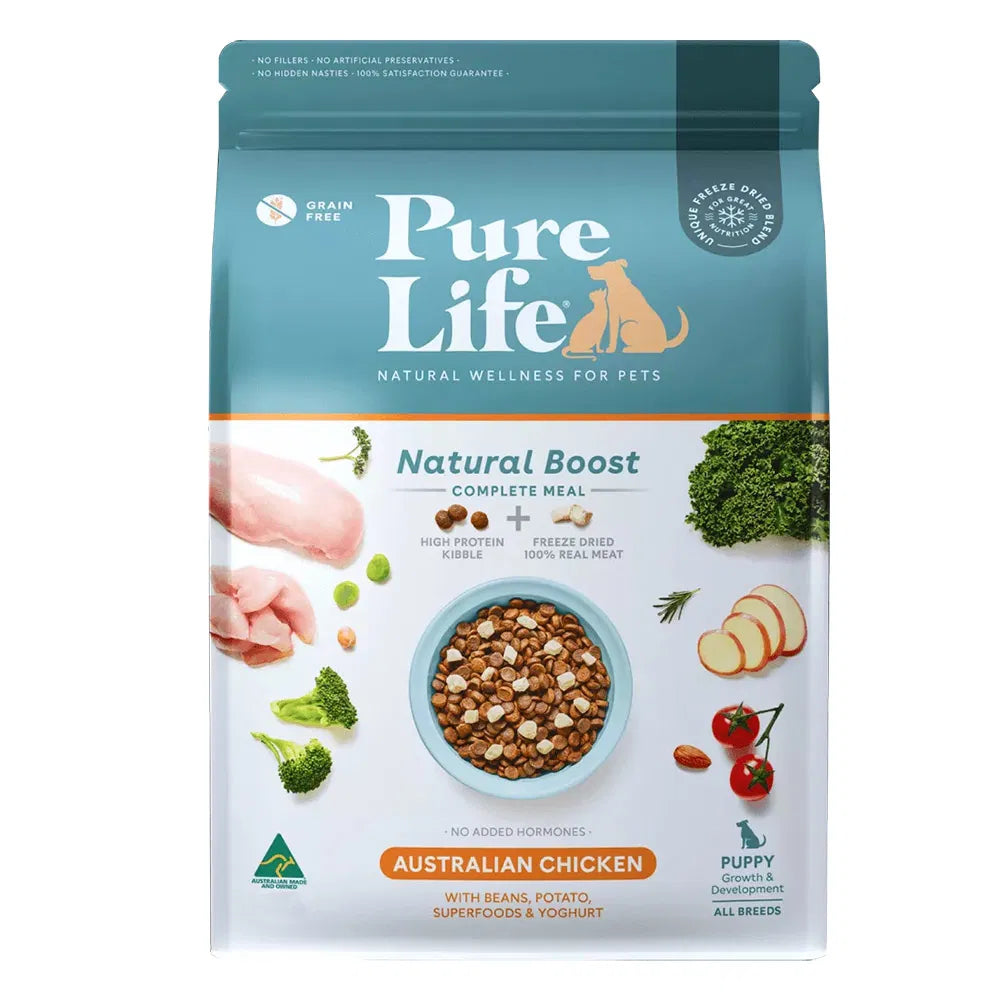 Pure Life dog food package with ingredients and branding on a white background at Pet Servo