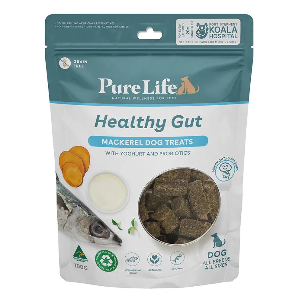 Pure Life Healthy Gut Mackerel Dog Treats packaging on a white background at Pet Servo