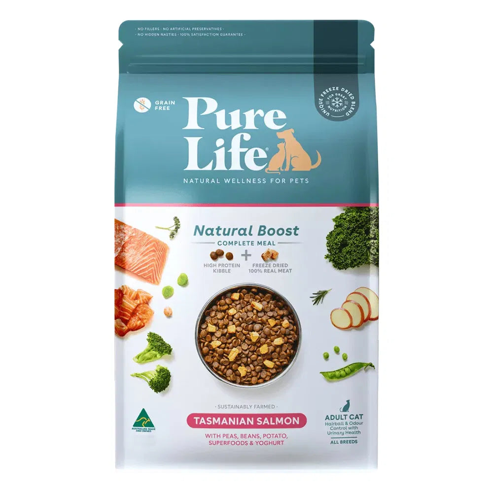 Package of Pure Life Natural Boost dog food with ingredients and branding details at Pet Servo
