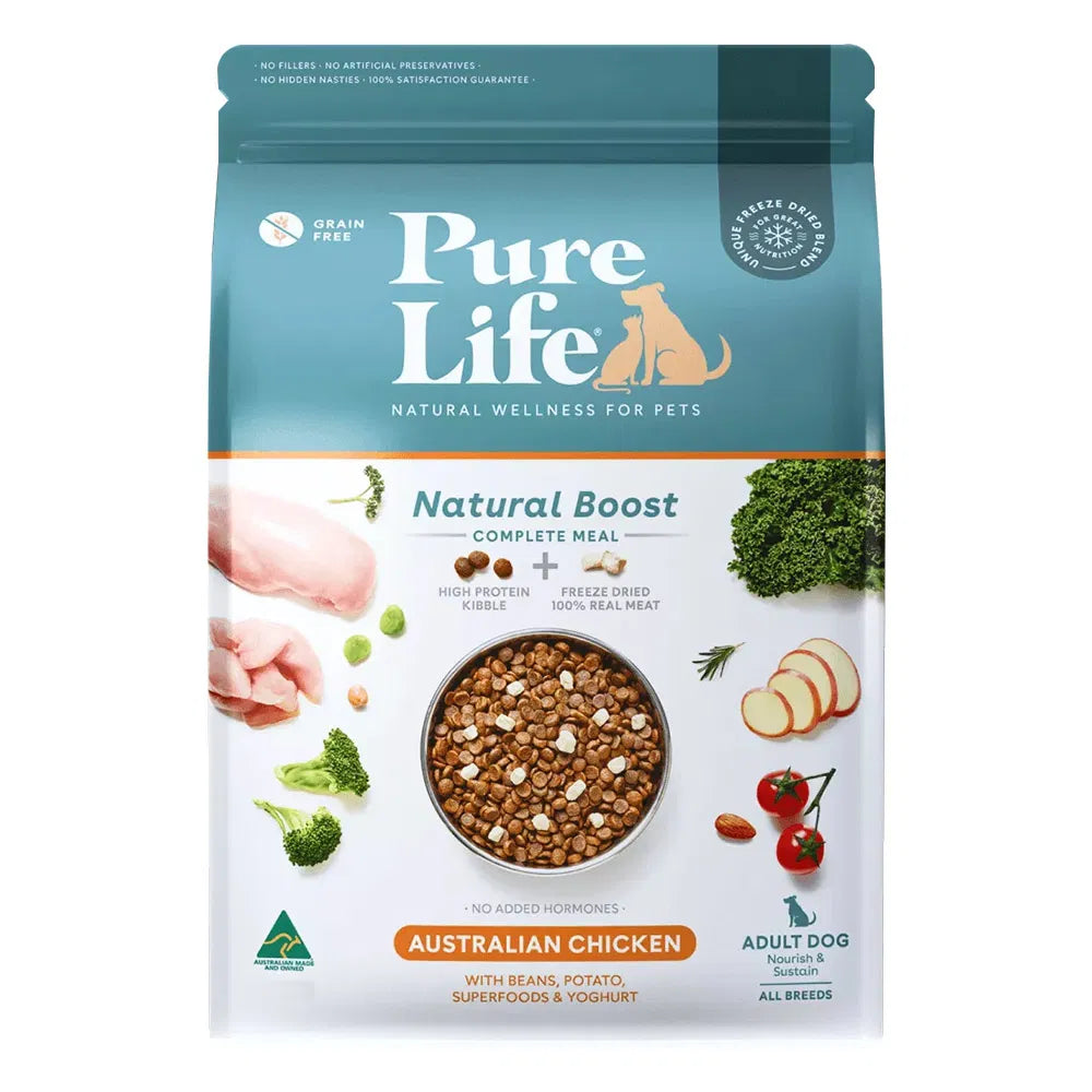 Package of Pure Life natural dog food with ingredients and branding details at Pet Servo