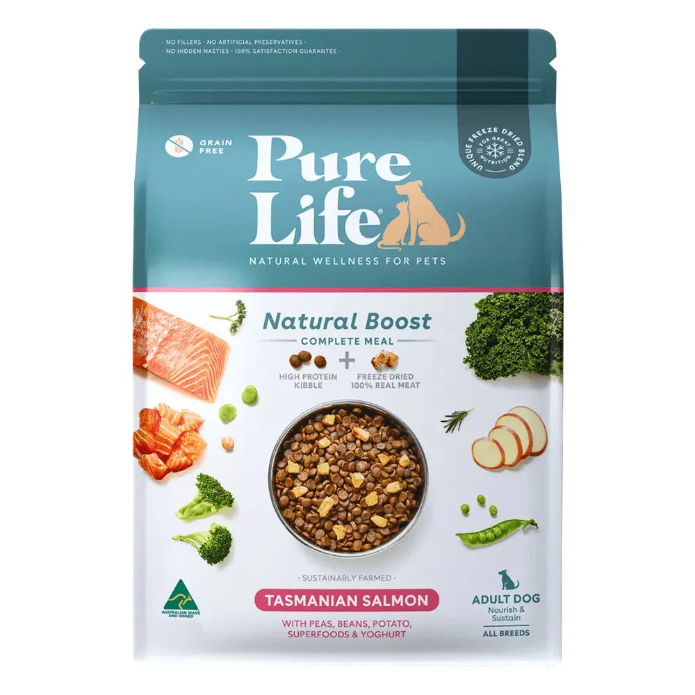 Package of Pure Life Tasmanian Salmon dog food on a white background at Pet Servo