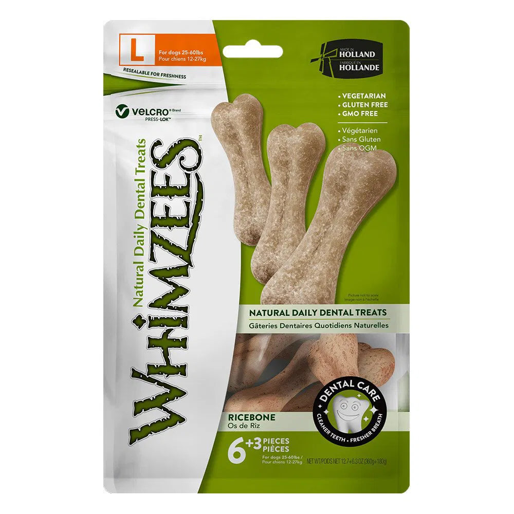 Package of WHIMZEES natural daily dental treats for dogs on a white background at Pet Servo