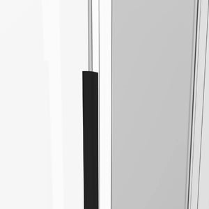 Close-up of a black handle on a glass door with a white background