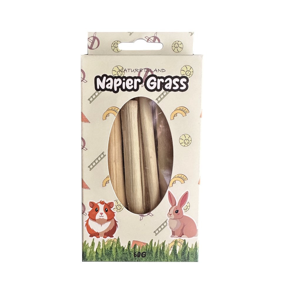 A package of natural wood 'Napier Grass' chew sticks for small pets, shown in its illustrated cardboard box with a clear window displaying the light brown wooden sticks at Pet Servo