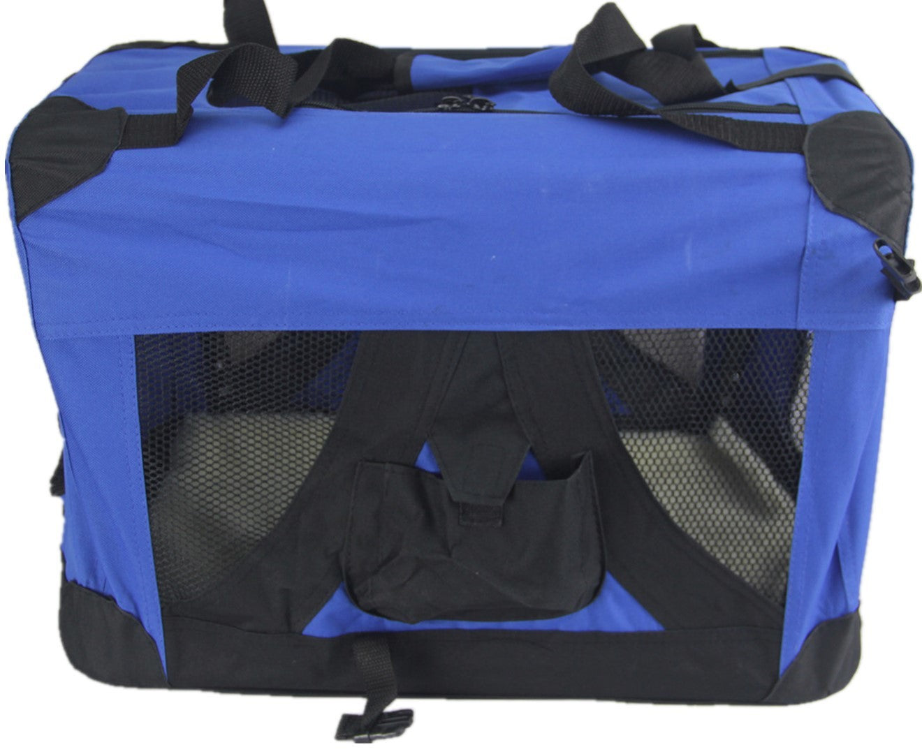 Blue and black pet carrier with mesh sides on a white background at Pet Servo