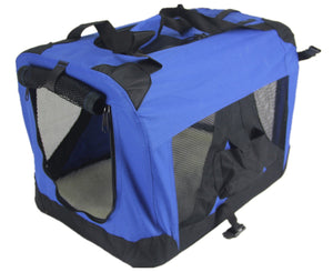 Blue and black pet carrier on a white background at Pet Servo