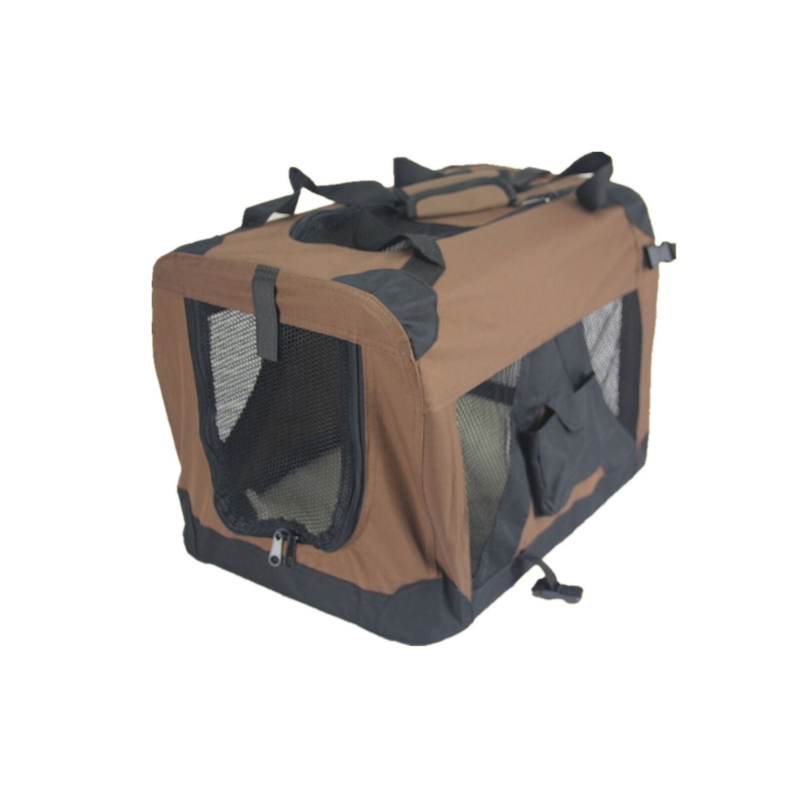 Brown and black pet carrier on a white background at Pet Servo