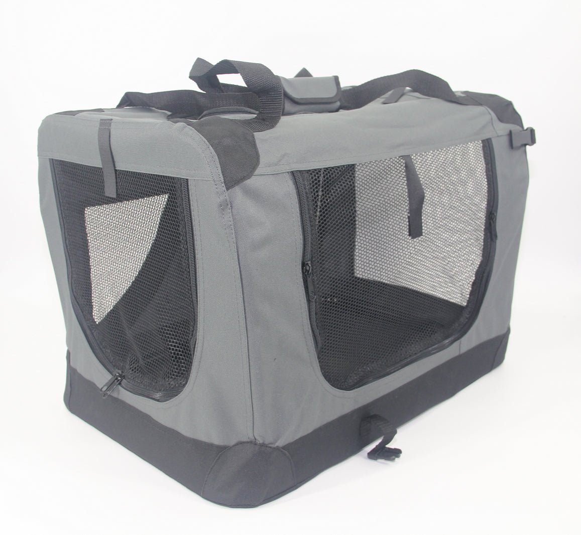 Gray pet carrier with black mesh sides on a white background at Pet Servo