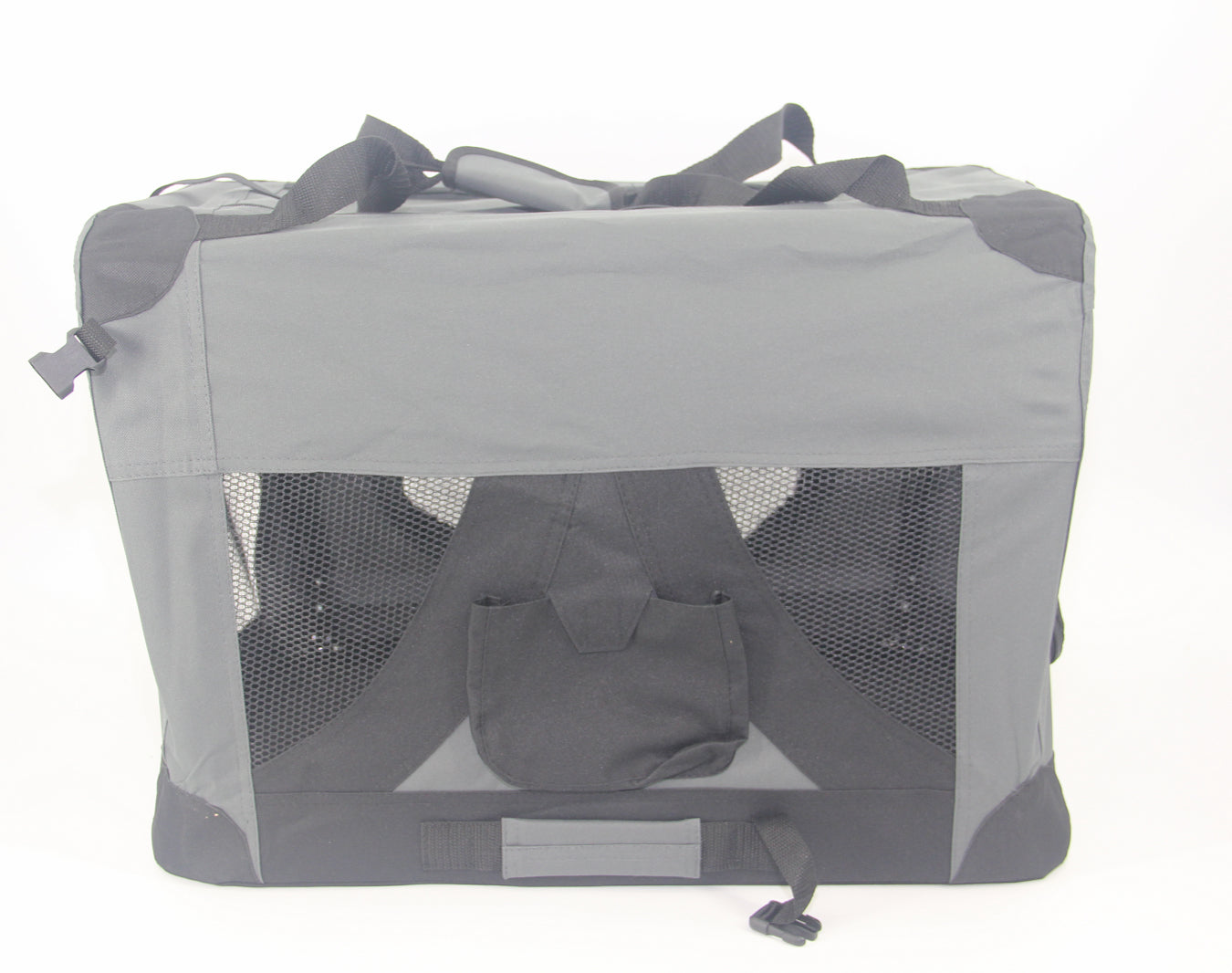 Gray pet carrier with mesh sides on a white background at Pet Servo
